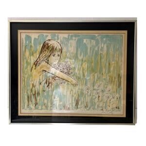 William Coty Signed Numbered Lithograph Girl Picking Daisies Framed Matted